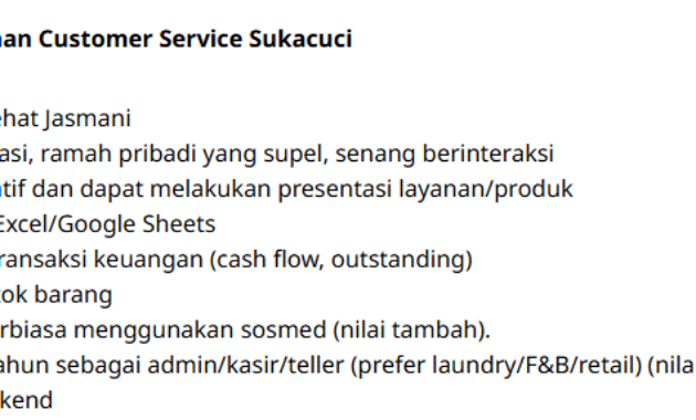 Lowongan Pekerjaan Sukacuci Sukabumi